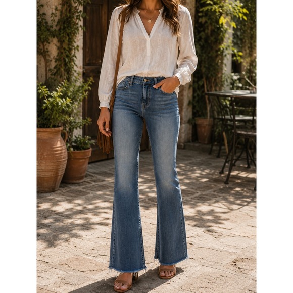 Lucky Brand Denim - Lucky Brand Stevie High Rise Flare Jeans Womens 6/28 Blue Raw Hem Boho Retro